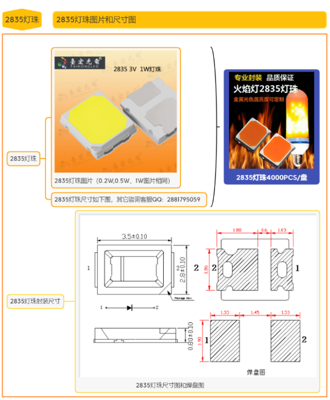 2835led灯珠，2835红光led灯珠厂家台宏光电，2835灯珠最大能做到几瓦？